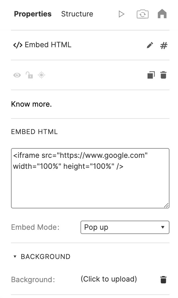 EmbedHTML properties for embedding a website